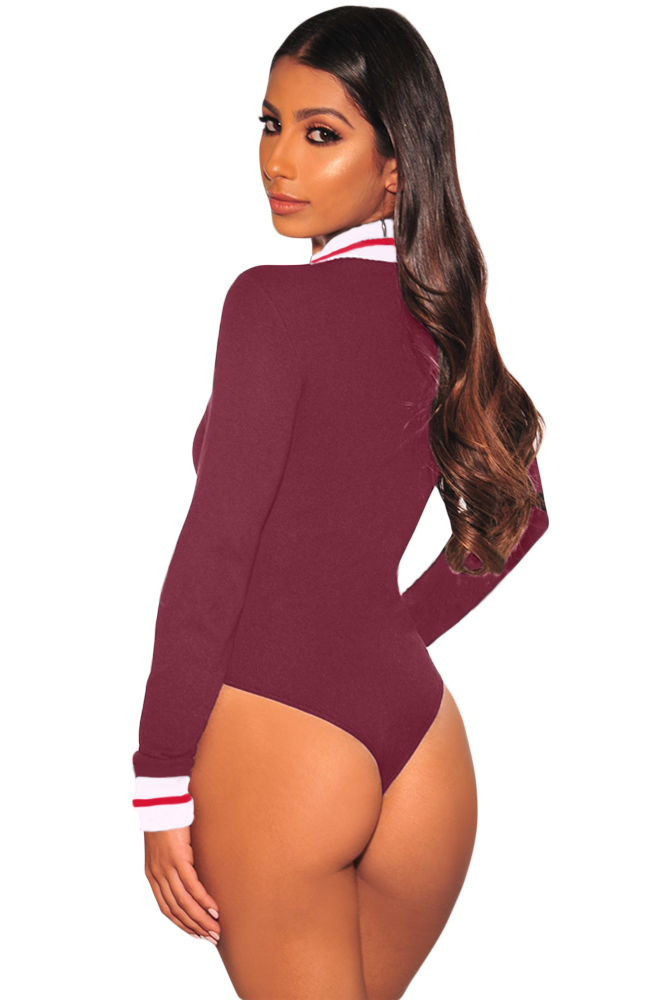 BY32308-3 CLARET WHITE RED STRIPED RIBBED KNIT MOCK NECK ZIPPER BODYSUIT